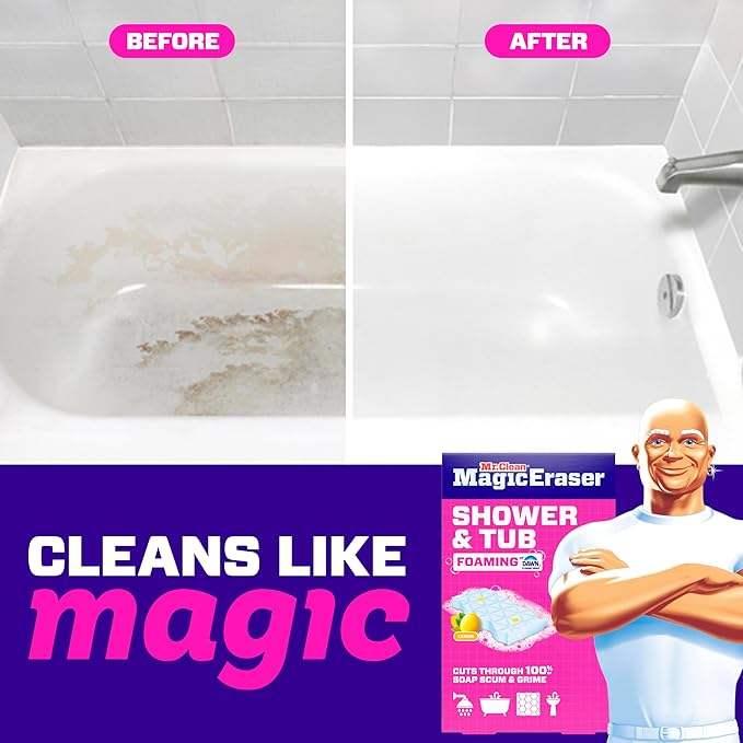 Mr. Clean Magic Eraser Sponge, Bathroom, Shower, Tub Cleaner, Soap Scum Remover, Bathroom Cleaning Supplies, Dawn Cleaning Power with Lemon Scent, Shower & Tub, 8ct (Pack of 4)
