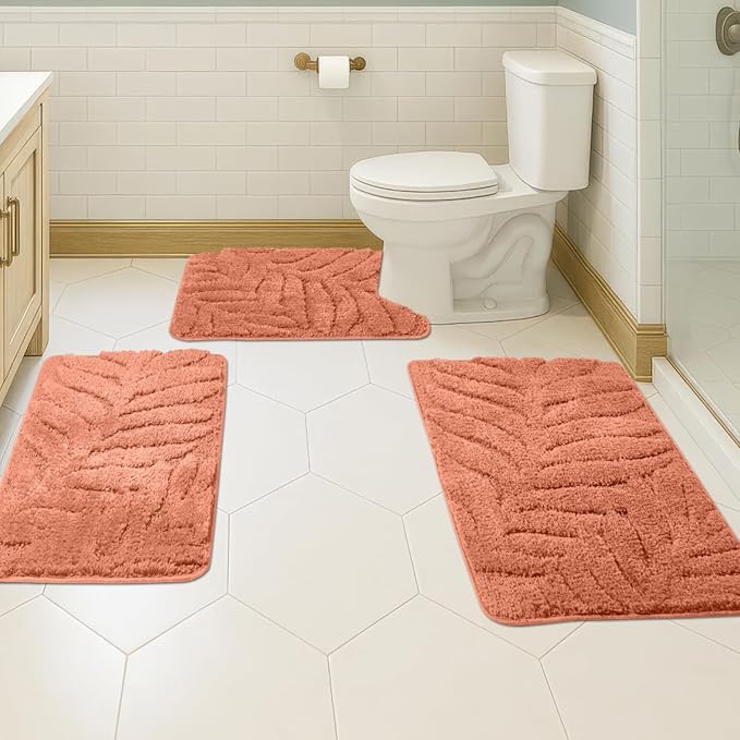 Bath Rugs Set 3 Pieces Bathroom Mat Soft Absorbent Plush Shaggy Soft Floor Non Slip Shower Bath Tub Machine Washable (Spice-Leaf, 20"x32"/20"x20"/17"x24")