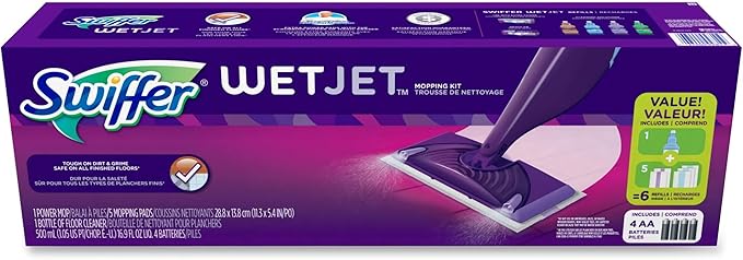 Swiffer Wet Jet Mop, Floor Cleaner for Mopping Wood, Laminate, Tile in Home, Bathroom, Kitchen, All Purpose Multi-Surface Cleaning Set includes 1 Spray Mop, 5 Pads Refill, 1 Fresh Scent Solution