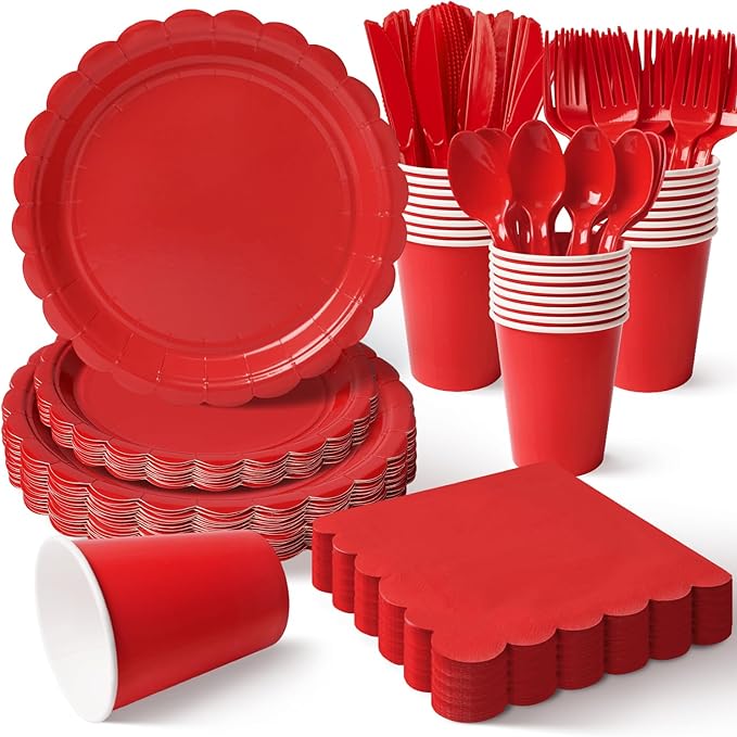 Vyntra 175 Pcs Red Disposable Paper Plates and Napkins Set for 25, 9" Dinner Plates & 7" Dessert Plates, Tableware for Christmas, Valentine’s Day, Birthday, Party