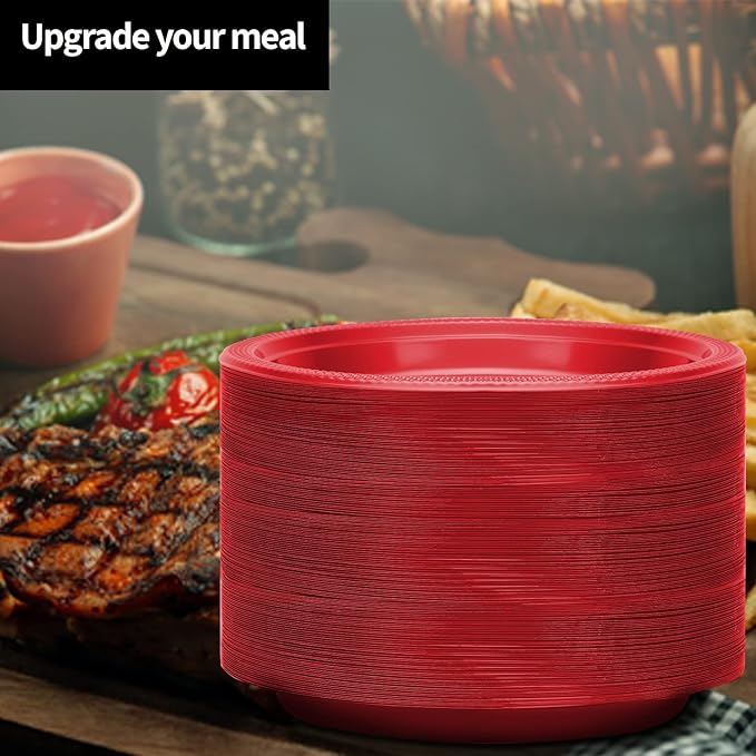 Hanna K. Signature Collection Red Plastic Plates, 9‑Inch Round, 50 Count – Disposable Heavy‑Duty Dinner Party Plates for Weddings, BBQs & Birthdays