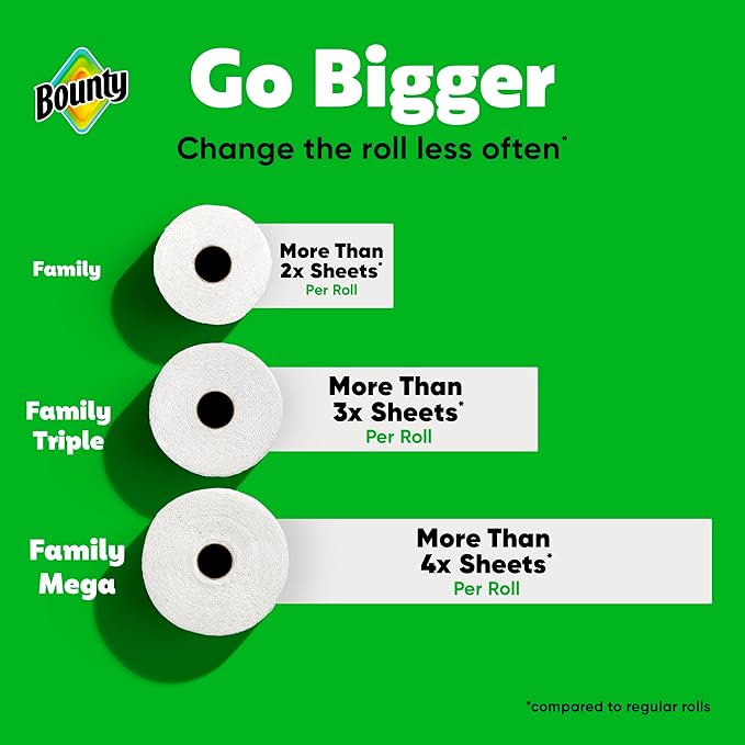 Bounty Paper Towels Quick Size, White, 6 Family Triple Rolls = 20+ Regular Rolls