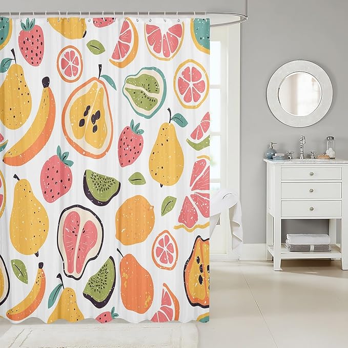 Erosebridal Tropical Shower Curtain 72" Wx84 L, Cute Watermelon Orange Lemon Shower Curtain, Pear Papaya Apple Banana Waterproof Bathroom Curtains, Cartoon Fruits Bath Curtain Summer Home Decor