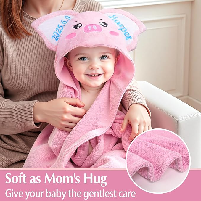 Custom Hooded Baby Towel with Name, Personalized Soft Absorbent Piggy Bath Towel, Shower Towels for Girls Boys, Easter Brithday for Kids Baby, Toddler, Newborn Essential