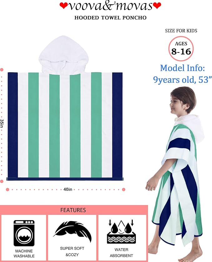VOOVA & MOVAS Big Kid Hooded Towel, Absorbent Cotton Thick Hooded Towel Robe for Teens,Perfect for Pool, Beach, Bath, Green Blue White Stripe
