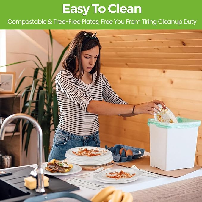 250 PCS Compostable Paper Plates and Utensils Set (EXTRA LONG), White Microwaveable Compostable Dinnerware Set, Disposable Plates, Bowls & Cutlery Includes Forks, Knives & Spoons, 50 Sets Each