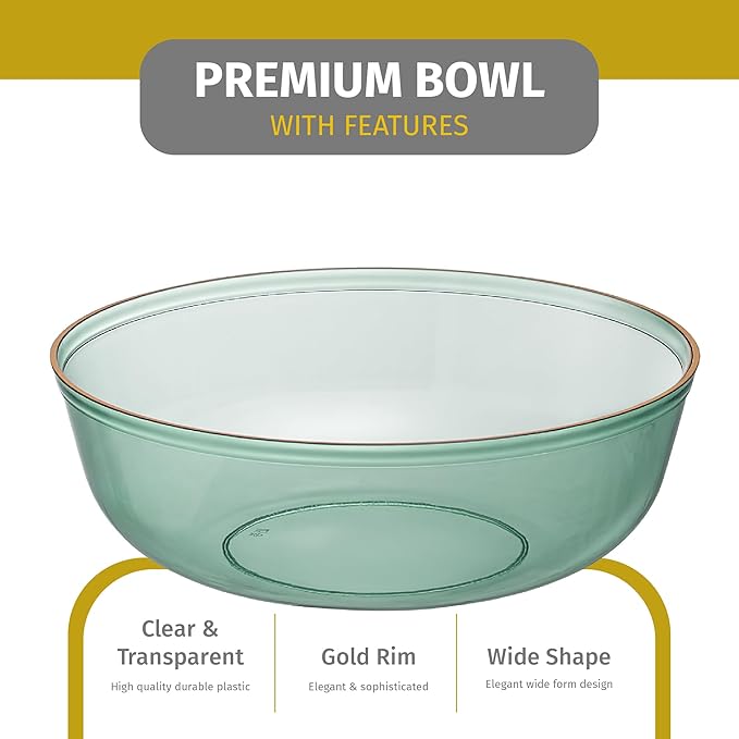 PLASTICPRO Plastic Party Plates Edge Collection Premium heavyweight Elegant Disposable Tableware Dishes (TRANSLUCENT GREEN WITH GOLD RIM, 16 OZ BOWLS)