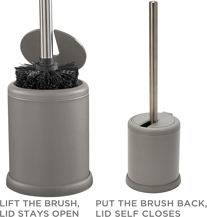 Bath Bliss Toilet Brush and Holder | Self Closing Lid | 360 Degree Brush Head | Bathroom Cleaning | Compact Size | Storage and Organization | Matte Grey