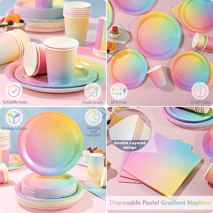 Rainbow Birthday Decorations for Girls, Pastel Rainbow Plates and Napkins 200Pcs, Girl Birthday Plates and Napkins, Easter Mother's Day Hawaiian Luau Colorful Pride Month, Serves 50