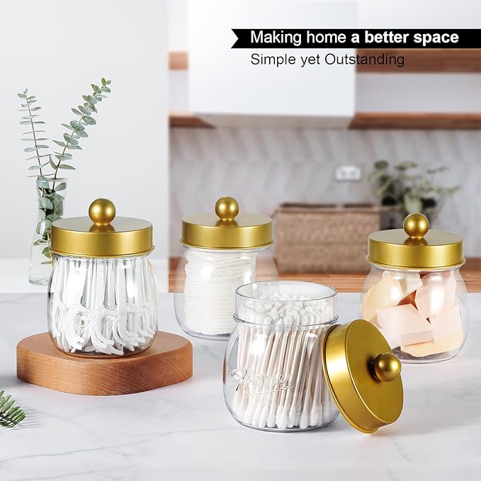 SheeChung 3 Pack Qtip Holder Bathroom Jar Set, Apothecary Mason Jar for Bathroom Vanity Home Storage Organizer, Plastic Acrylic Qtip Dispenser for Cotton Swab, Floss Pick, Farmhouse/Home Decor (Gold)