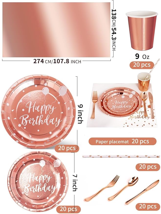 Nkaiso Birthday Party Tableware, 161 Pieces Rose gold Party Supplies, Dinnerware Sets Include Paper Plates Napkins Cups Silverware, for Shower Engagement Parties Decoration -20 Serves