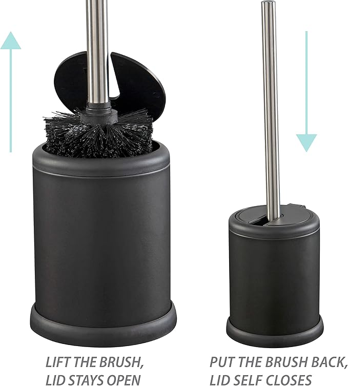 Bath Bliss Toilet Brush and Holder | Self Closing Lid | 360 Degree Brush Head | Bathroom Cleaning | Compact Size | Storage and Organization | Matte Black