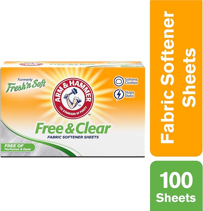 Arm & Hammer Fabric Softener Sheets, Free of Perfumes and Dyes, 100 Count, (Pack of 2)