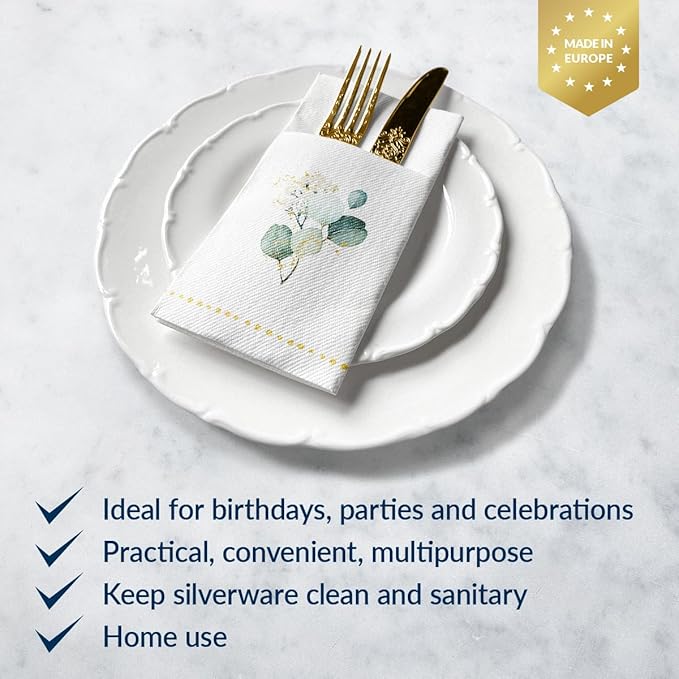 PAW - Linen Feel Napkins with Built-in Flatware Pocket, Airlaid Paper Pre-Folded Napkins for Silverware, Wedding Party, Dinner, Birthday, Gatherings, Golden Eucalyptus Design, 50 Count