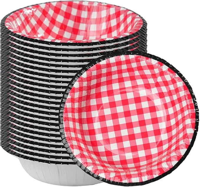 50 Pack 8oz Disposable Paper Bowls, 6 Inch Red Gingham with Black Rim, Heavy Duty Disposable Bowls for Picnic BBQ Party Salad Ice Cream Soup (Red Check Pattern, 50 Pack 8 Oz)