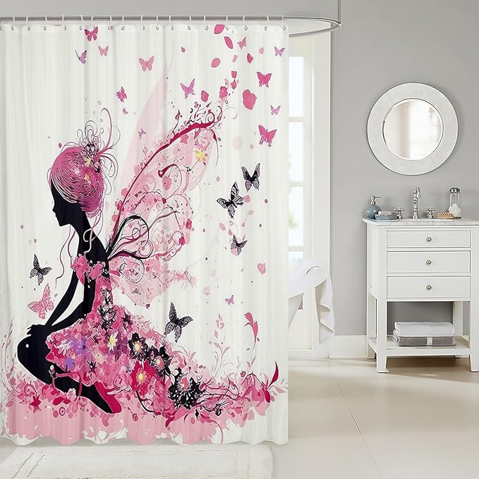 Decorative Butterfly Wings Shower Curtain Waterproof Polyester Fabric,Pink Flowers Bath Curtain Home Bathroom Decor Hanging Curtain with Hooks 72 x 78 Inch,Machine Washable