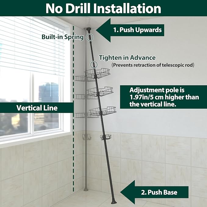 Shower Organizer, 39 to 125 Inch Height Adjustable Shower Caddy with 4 Adjustable Shelves, Organization And Storage for Bathroom Corner Shelves Rack Countertop with Tension Pole, Home Decor