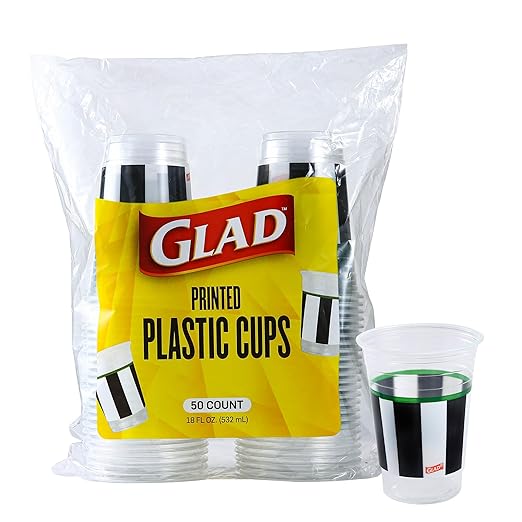 Glad Everyday Clear Plastic Cups with Referee Football Print - Sturdy Disposable Drinking Cups for Game Day, Parties, and Everyday Use, Recyclable #5 Plastic, 18 oz, 50 Count