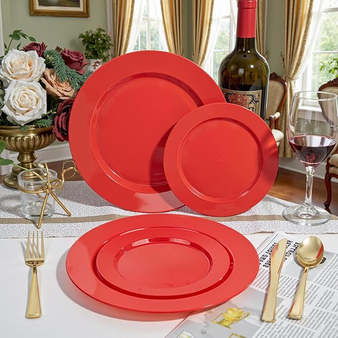 FLOWERCAT 200PCS Red Plastic Plates Disposable Plates for Party - Heavy Duty Plastic Plates - 10" &7" Plate for 100 Guests Parties and Events &July 4th
