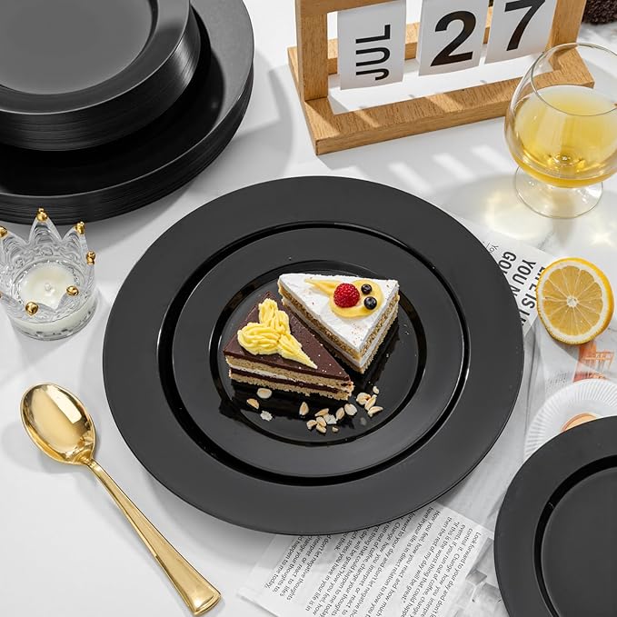 FLOWERCAT 200PCS Black Plastic Disposable Plates for Party - Black Plastic Plates - Serve for 100 Guests for New Year Parties and Birthday Events