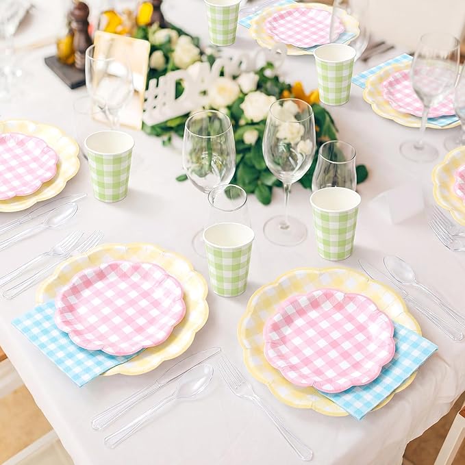 FillTouch 50 Sets Spring Pastel Gingham Disposable Tableware Pink Yellow Paper Plates Green Cups Blue Napkins Clear Knives Forks Spoons for Birthday Baby Shower Wedding Party Decoration