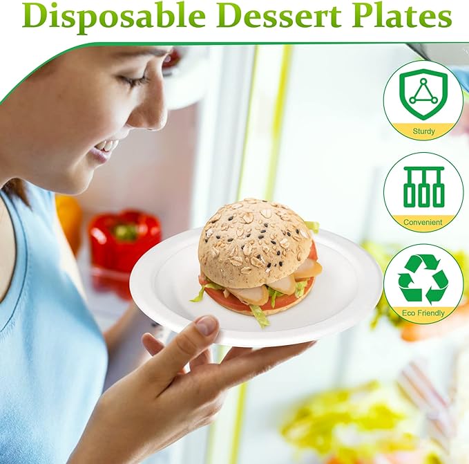 Paper Plates 6 inch, Small Paper Plates 100 Pack, Disposable Plates in Bulk, 100% Compostable Paper Plates, Sturdy Heavy Duty Plates for Dessert, Cake, Appetizer, White