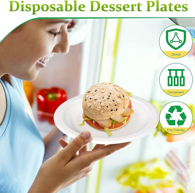Paper Plates 6 inch, 50 Pack Small Plates, Eco Friendly Disposable Plates Made of Sugarcane Fibers, 100% Compostable Plates, Dessert Plates, White
