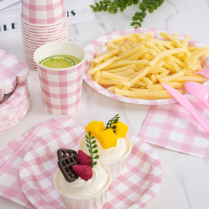 Vyntra 175 Pcs Pink & White Checkered Gingham Paper Plates and Napkins Set for 25, 9" Dinner Plates & 7" Dessert Plate, Baby Girl Shower Bridal Shower Birthday Party, Valentine’s Day