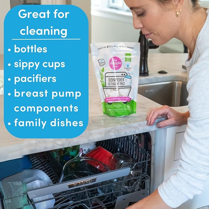 Dapple Baby Dishwasher Detergent Pods - 25 Count - Fragrance-Free, Hypoallergenic & Plant-Powered Dishwasher Pacs - Removes Milk Residue From Baby Bottles
