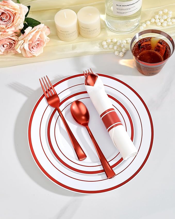 Goodluck 350 Piece Red Plastic Dinnerware Set for 50 Guests, Fancy Disposable Plates for Party, Include: 50 Dinner Plates, 50 Dessert Plates, 50 Pre Rolled Napkins with Silverware, 50 Cups