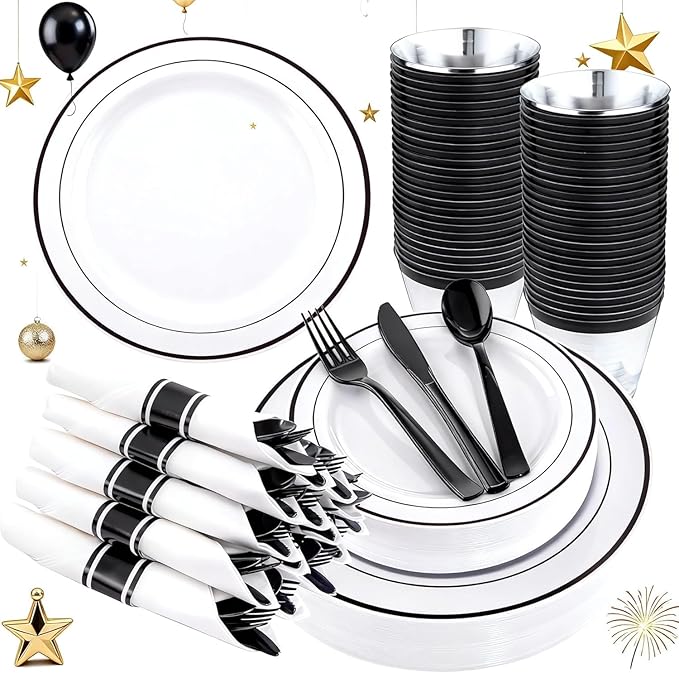 WELLIFE 210Pcs Black Plastic Dinnerware with Pre Rolled Napkins, Include:30 Dinner Plates, 30 Dessert Plates, 30 Paper Napkins, 30 Cups, 90 Plastic Cutlery