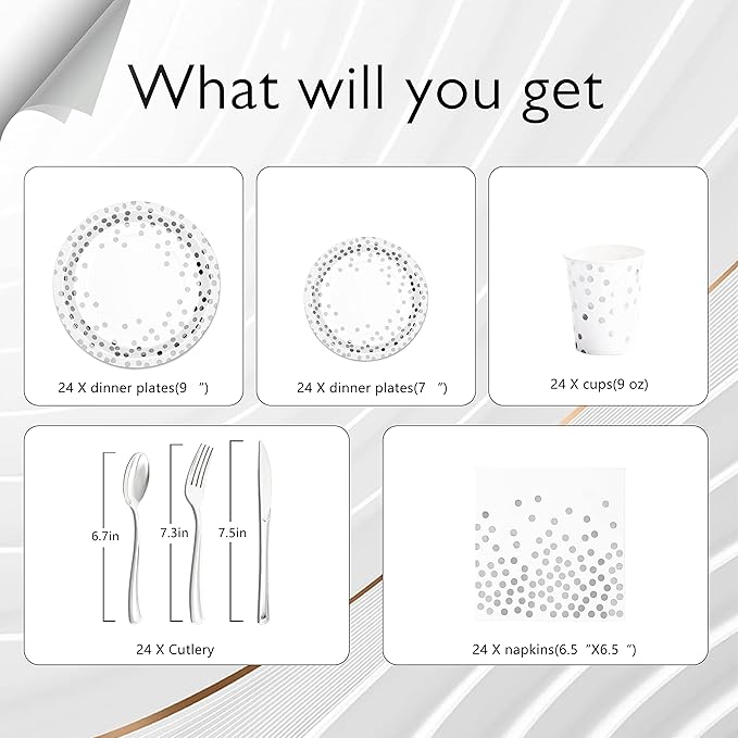 Silver Paper Plates and Napkins Party Supplies, White and Silver Plates Serve 24, 168Pcs Silver Party Decorations for Wedding Bachelorette First Communion Graduation Party