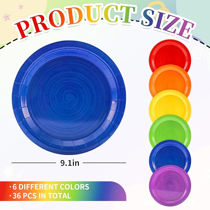 JarThenaAMCS Color Spiral Paper Plates Rainbow Party Plates Disposable Dessert Plate for All Seasons Birthday Holiday Baby Shower Picnic Supplies, 36 Pcs