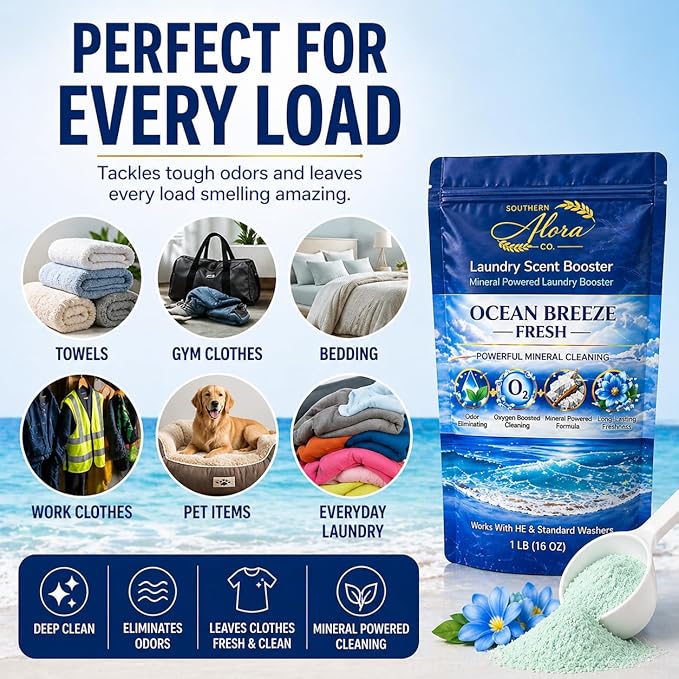 Oxygen Boosted Laundry Scent Booster Powder – Laundry Booster & Odor Eliminator, Laundry Freshener, Deep Clean Detergent Booster, Long Lasting Laundry Scent, HE Safe (1lb) (Ocean Breeze Fresh)