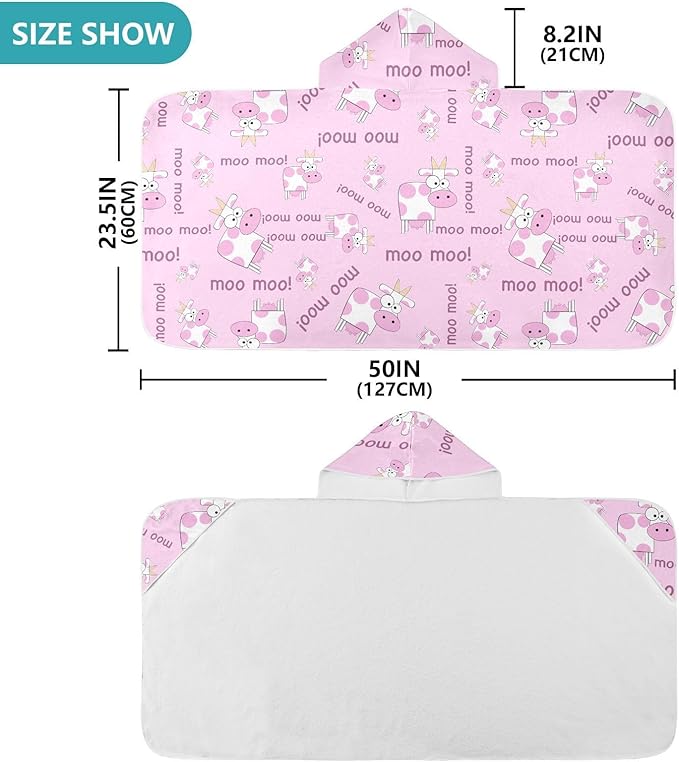 susiyo Kids Hooded Bath Towel Cow Cartoon Pink Beach Towel for Kids 23.5 x 50 Inch Microfiber Soft Absorbent Quick Dry Bath Swim Pool Towel Wrap Poncho Bathrobe with Hood for Kids Toddler