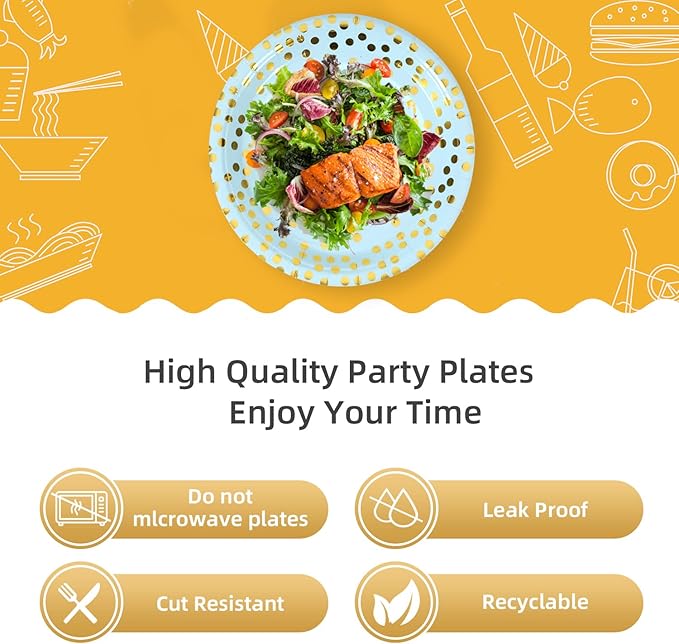 Blue and Gold Paper Plates,7INCH Blue Dessert Plates for Appetizers,Cakes,Salads and Fruits,Suitable for Baby Shower,Birthday,Wedding,Bridal Showers,Anniversary(100 PCS)