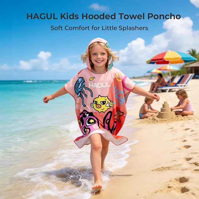 Kids Hooded Beach Poncho, 66×70cm, Soft & Quick-Dry with Fun Ocean Prints, Lightweight Swim Towel for Pool, Beach & Water Park (Ages5–9) (Pink, Small)
