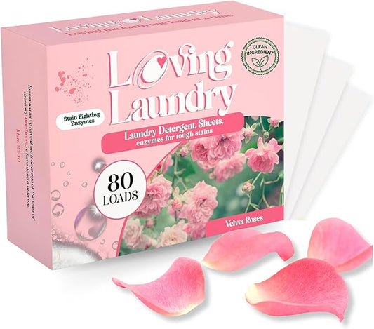 LOVING LAUNDRY- Detergent Sheets Stain Remover Enzymes Laundry Soap - Clean Safe Ingredients Ultra Concentrated -(80 Loads) Velvet Roses Scent