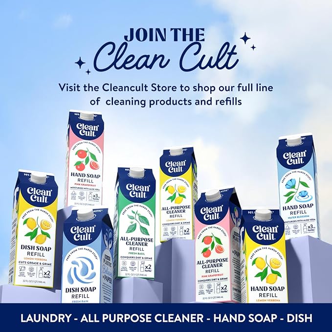 Cleancult Ultra Concentrated Liquid Laundry Detergent, 64 loads (32 oz), Long Lasting Scent, 90% Less Plastic, No Harsh Chemicals, Orange Blossom, Defeats Stains & Odors, HE/Standard Compatible