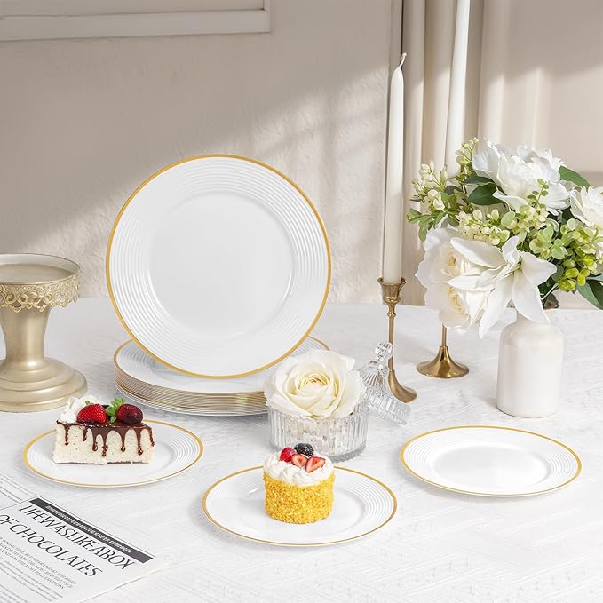 Liacere 100PCS Gold Plastic Plates - Heavy Duty Disposable Plates - White and Gold Plate 100PCS Dinner/Dessert Plate for Party & Wedding & Birthday