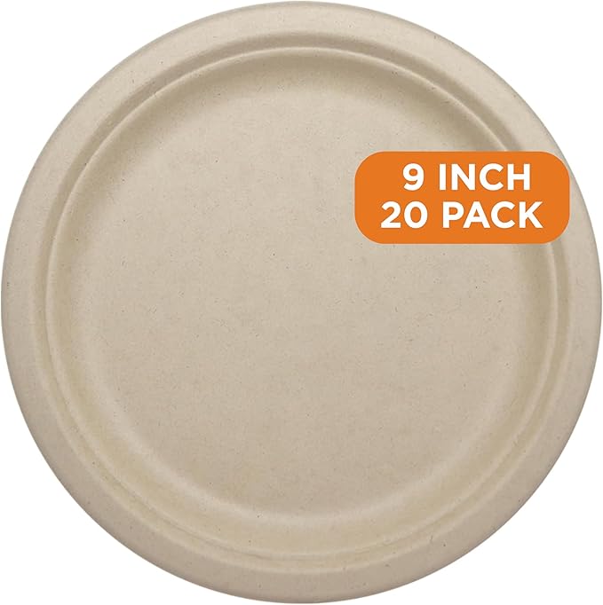 World Centric Compostable Round Paper Plates, 9" (Pack of 20), Made from Unbleached Plant Fiber, Sustainable, Heavy Duty, Grease Resistant, Microwave & Freezer Safe, PFAS Free