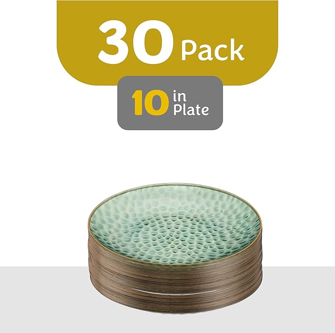 PLASTICPRO 30 Pack Hammered Plastic Plates Heavyweight Disposable Plastic Plates Elegant Clear Hammered Rim Platsic Party Dishes (Hamered Green With Gold Rim, 10'' INCH PLATES)