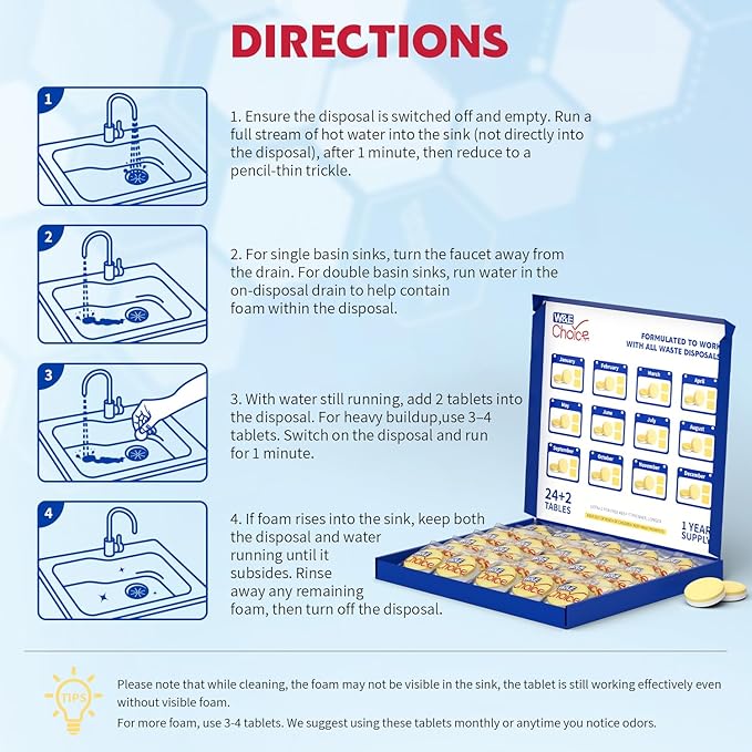 W&E Choice Garbage Disposal Cleaner and Deodorizer Tablets - 26 Pack, Powerful XXL Foaming Tablets, Citrus Scent Sink Cleaner and Deodorizer, Septic Safe Kitchen Drain Care, 1-Year Supply