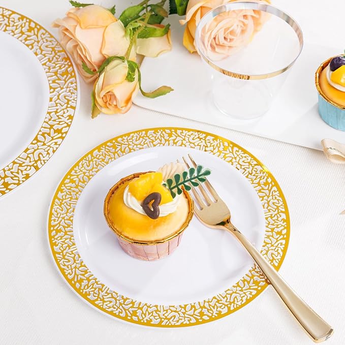 WELLIFE 100 Guests Dinnerware Sets, Gold Plastic Plates, Platos Para Fiestas Elegantes Desechables Include:100 Dinner Plates,100 Dessert Plate,400 Pcs Gold Plastic Silverware, 100 Cups for Party