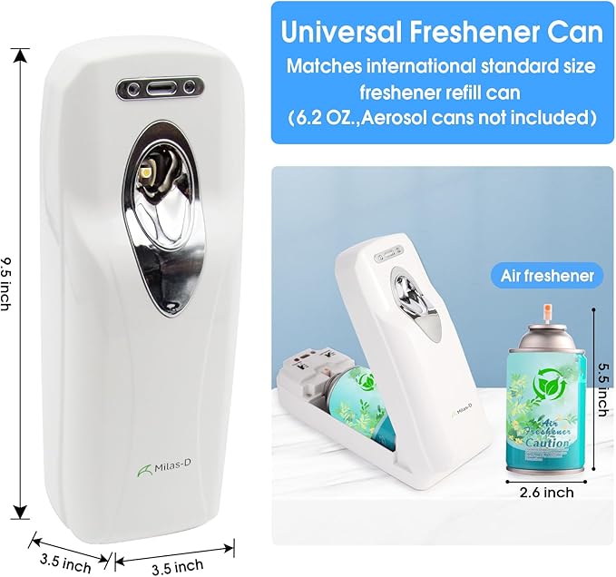 Automatic Air Freshener Spray Dispenser, Custom Timing (Day/Night/24H, 5/10/15/30 min interval), Wall Mounted/Free Standing, Home& Commercial, Glade& Airwick Refill Can, 2 D batteries, Milas-D