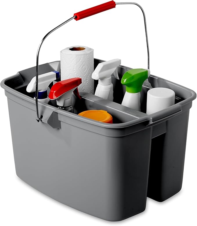 Rubbermaid Commercial Products Double Pail Plastic Bucket for Cleaning Easy to Carry 19 Quart Gray Cleaning Caddy Supplies Organizer with Handle for Bathroom/Kitchen