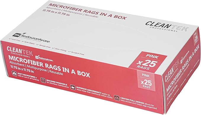 Restaurantware-Clean Tek Professional 11.81 x 11.81 Inch Microfiber Rags In a Box, 250 Absorbent Cleaning Cloths - No-Scratch, Pink Microfiber Reusable Edgeless Cleaning Towels, Leaves No Streak