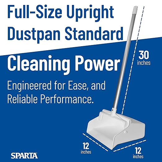 SPARTA Upright Dustpan with Aluminum Handle, Serrated Edge for Broom Combing, Secure Yoke Lock with Easy Storage Hanging Hole for Commercial Cleaning, Plastic, 30 Inches, White