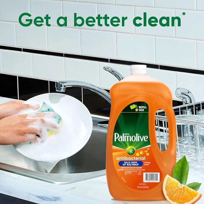 Ultra Palmolive Antibacterial Dishwashing Liquid Dish Soap Orange Scent, Refill 102 Fl. Oz. Kills 99.9% of Bacteria, bundled with Heavy Duty Scotch Brite Sponge
