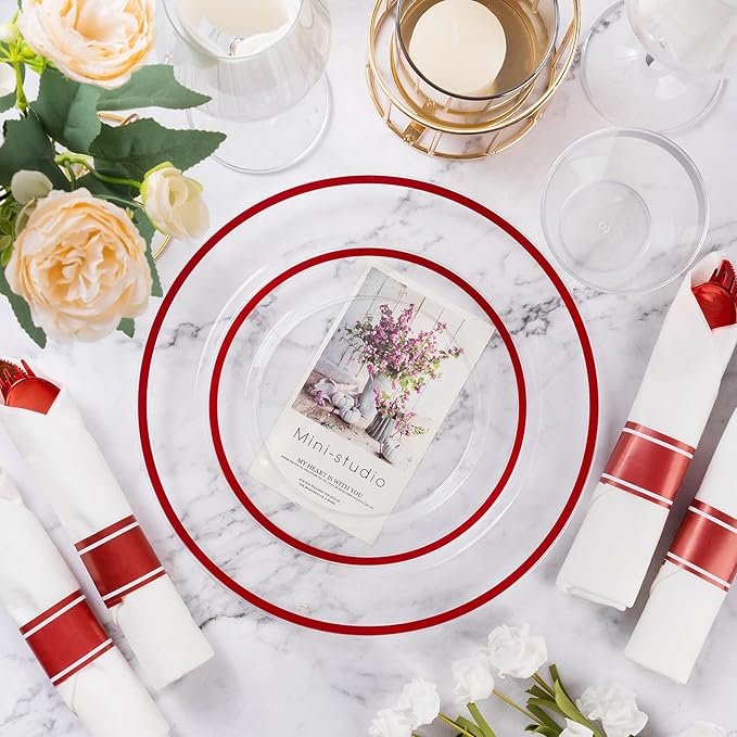 Goodluck 350 Piece Red Plastic Dinnerware Set for Party, Clear Disposable Plates for 50 Guests, Includes 100 Plates, 50 Pre Rolled Napkins with Cutlery Set, 50 Cups for Graduation, Wedding, Christmas